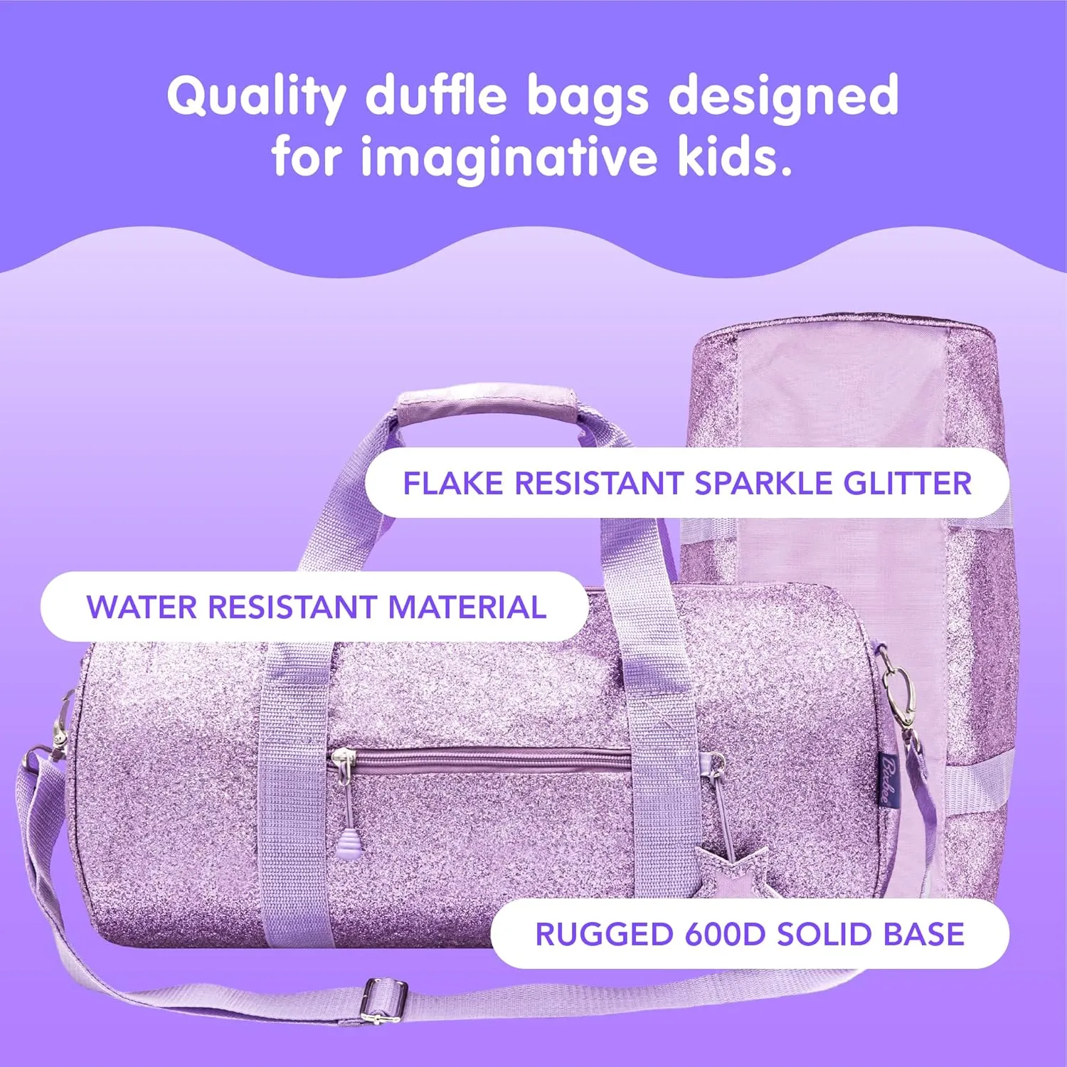 Bixbee Small Kids Duffle Bag, Dance Bag & Travel Bag for Sports, Gymnastics and Ballet with Zipper, Pockets, and Flake-Resistant Glitter Design - Dance Bag for Girls & Boys in Sparkalicious Purple