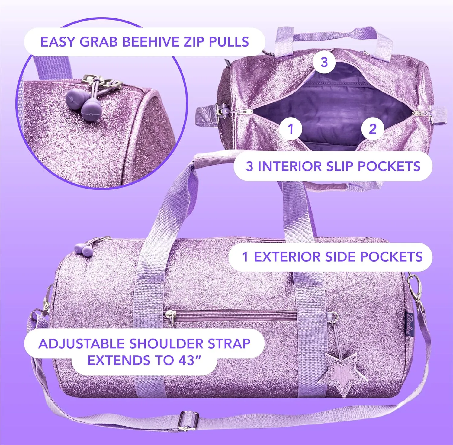 Bixbee Small Kids Duffle Bag, Dance Bag & Travel Bag for Sports, Gymnastics and Ballet with Zipper, Pockets, and Flake-Resistant Glitter Design - Dance Bag for Girls & Boys in Sparkalicious Purple
