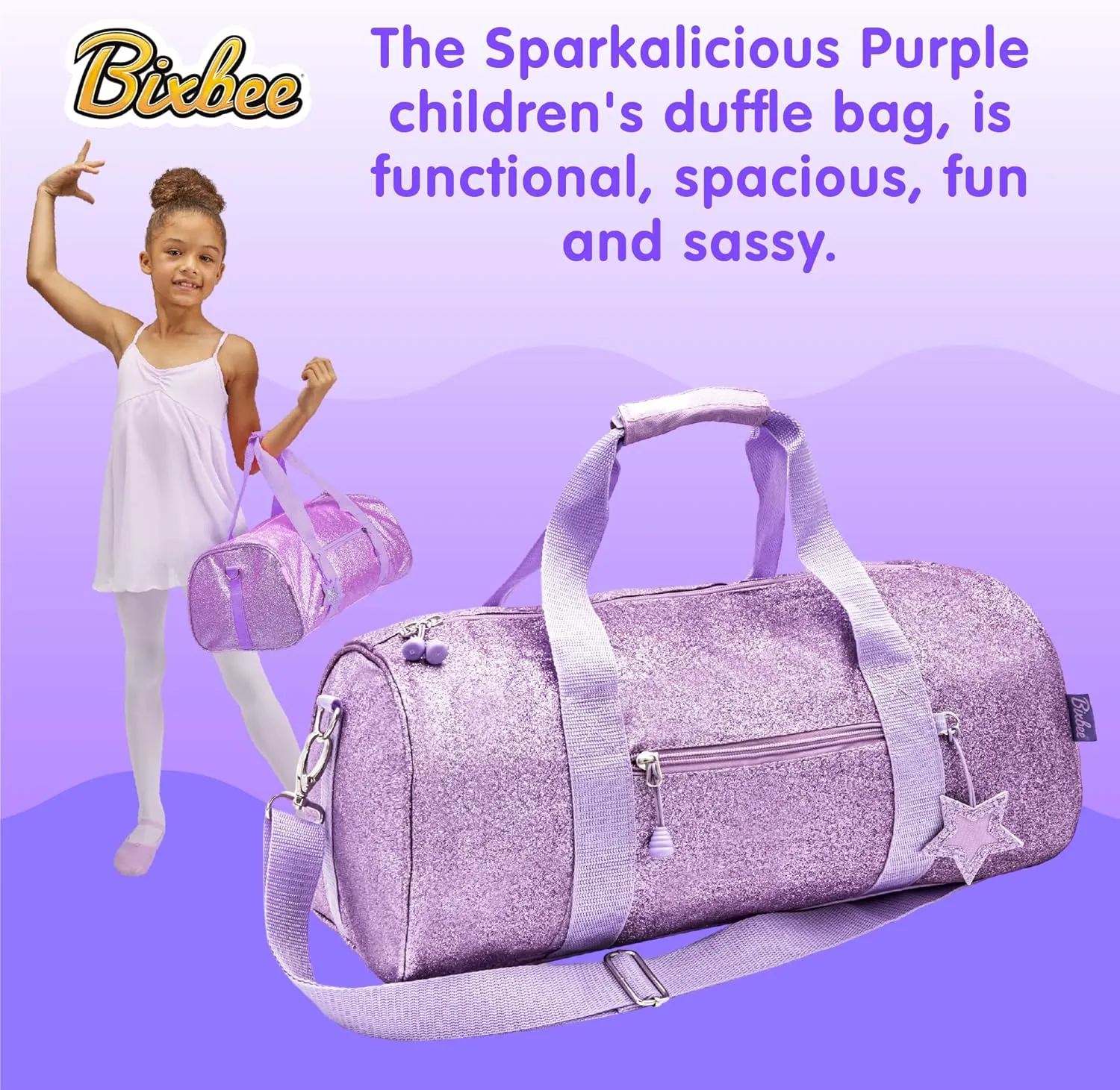 Bixbee Small Kids Duffle Bag, Dance Bag & Travel Bag for Sports, Gymnastics and Ballet with Zipper, Pockets, and Flake-Resistant Glitter Design - Dance Bag for Girls & Boys in Sparkalicious Purple