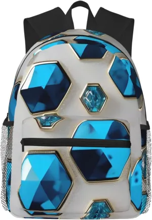 Blue Hexagons and Diamonds Print Adults Casual Travel Zipper Bookbag Polyester Travel Daypack Bag Multiple Pockets