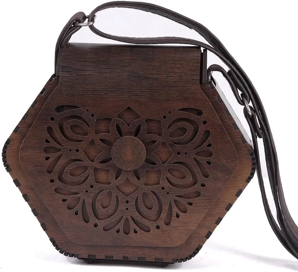 Bohemian Hexagonal Wooden Sling Bag/Cross body Bag wood Dimensions:Length: 21 cm, Height: 18 cm, Width: 8 cm