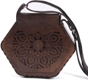 Bohemian Hexagonal Wooden Sling Bag/Cross body Bag wood Dimensions:Length: 21 cm, Height: 18 cm, Width: 8 cm
