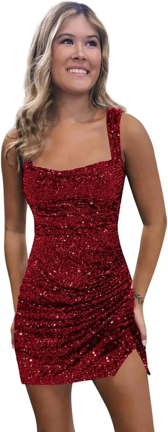BOLENSYE Short Sequin Homecoming Dresses for Teens Square Neck Sparkly Bodycon Tight Cocktail Party Gown with Slit