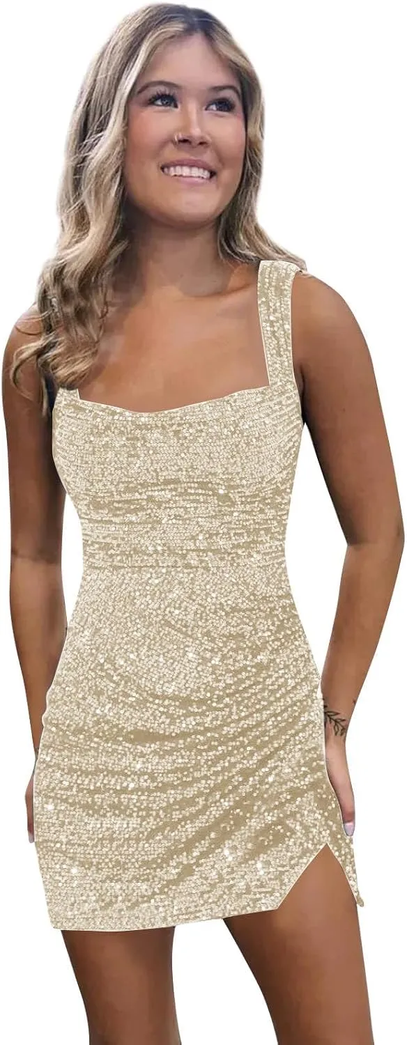 BOLENSYE Short Sequin Homecoming Dresses for Teens Square Neck Sparkly Bodycon Tight Cocktail Party Gown with Slit