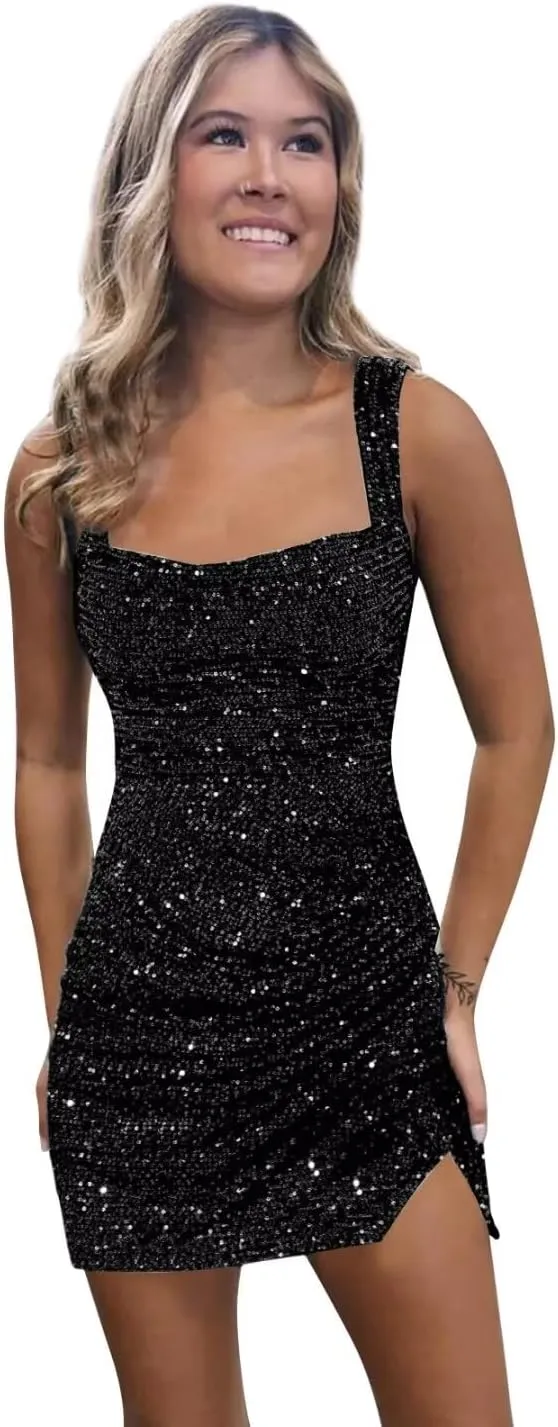BOLENSYE Short Sequin Homecoming Dresses for Teens Square Neck Sparkly Bodycon Tight Cocktail Party Gown with Slit