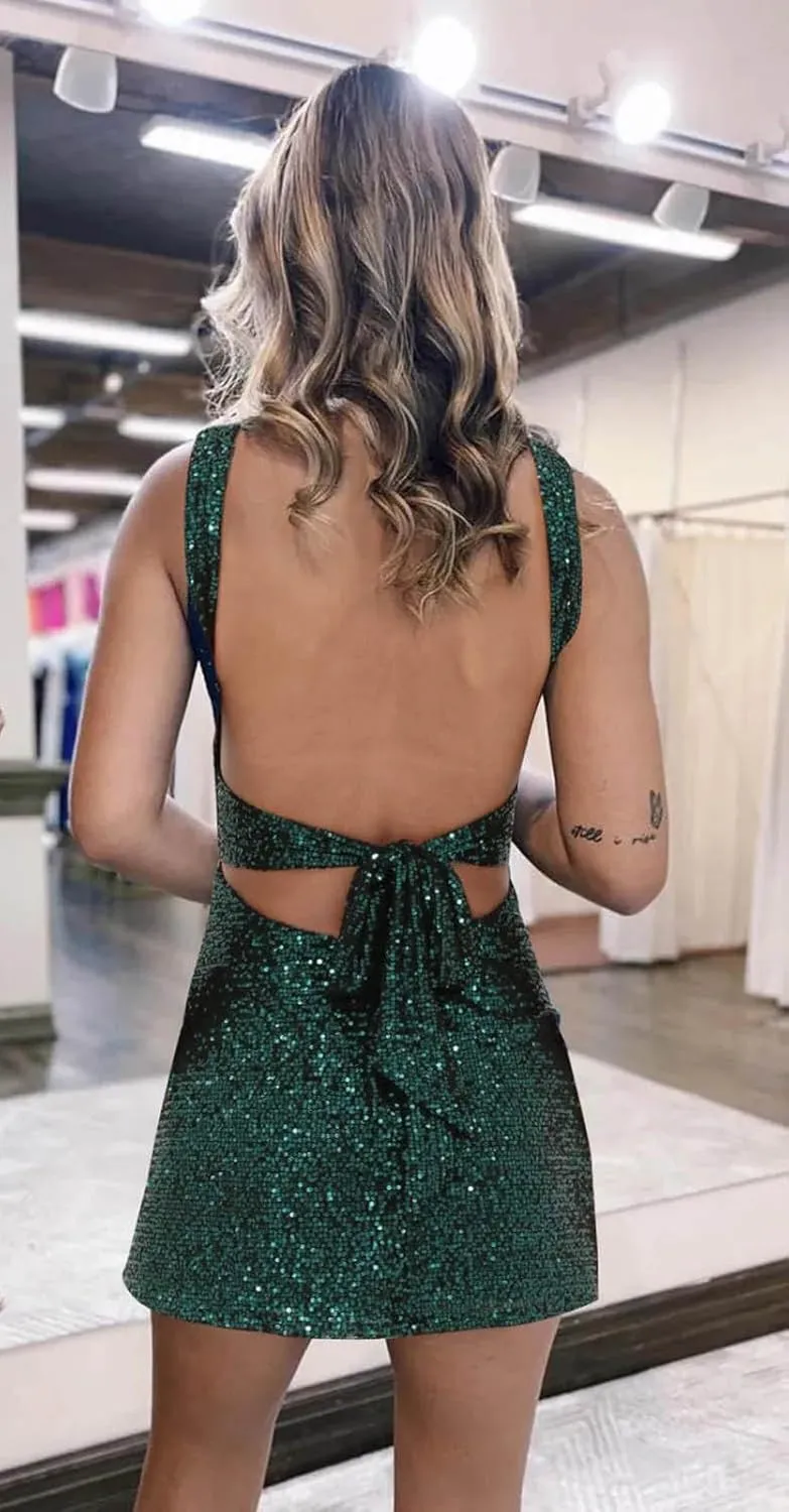 BOLENSYE Short Sequin Homecoming Dresses for Teens Square Neck Sparkly Bodycon Tight Cocktail Party Gown with Slit