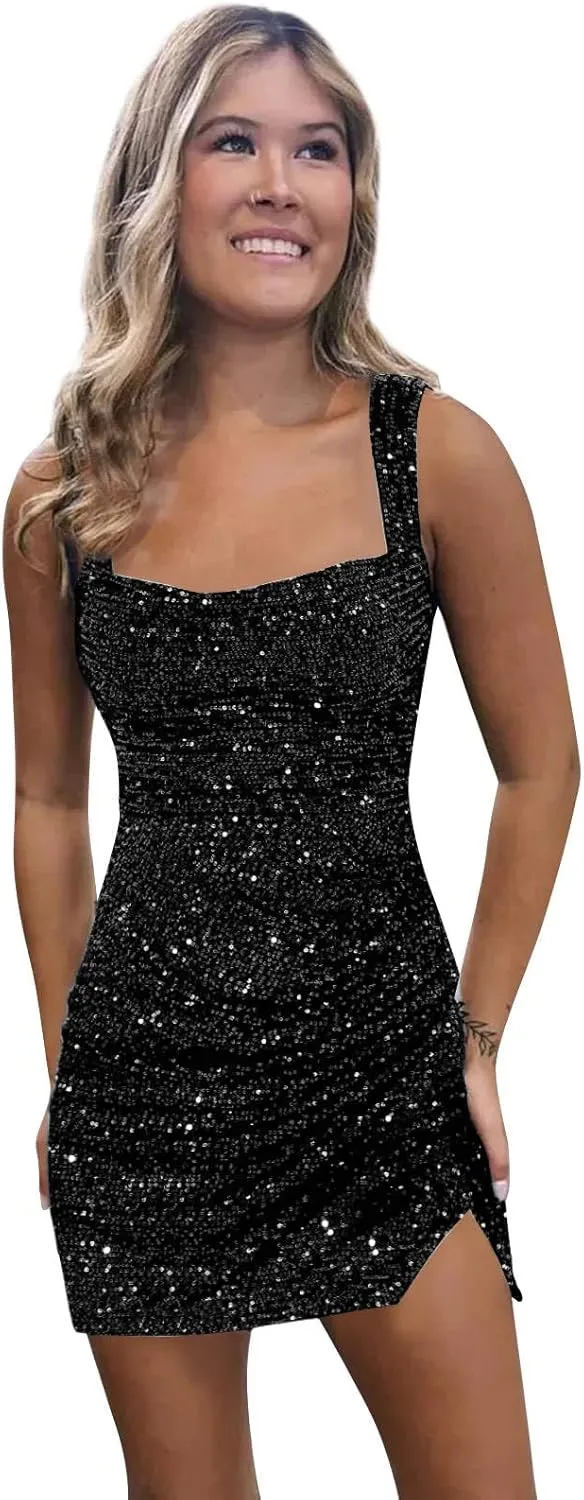 BOLENSYE Short Sequin Homecoming Dresses for Teens Square Neck Sparkly Bodycon Tight Cocktail Party Gown with Slit