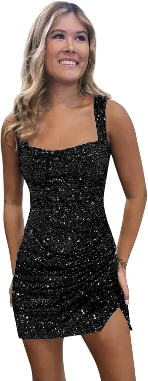 BOLENSYE Short Sequin Homecoming Dresses for Teens Square Neck Sparkly Bodycon Tight Cocktail Party Gown with Slit