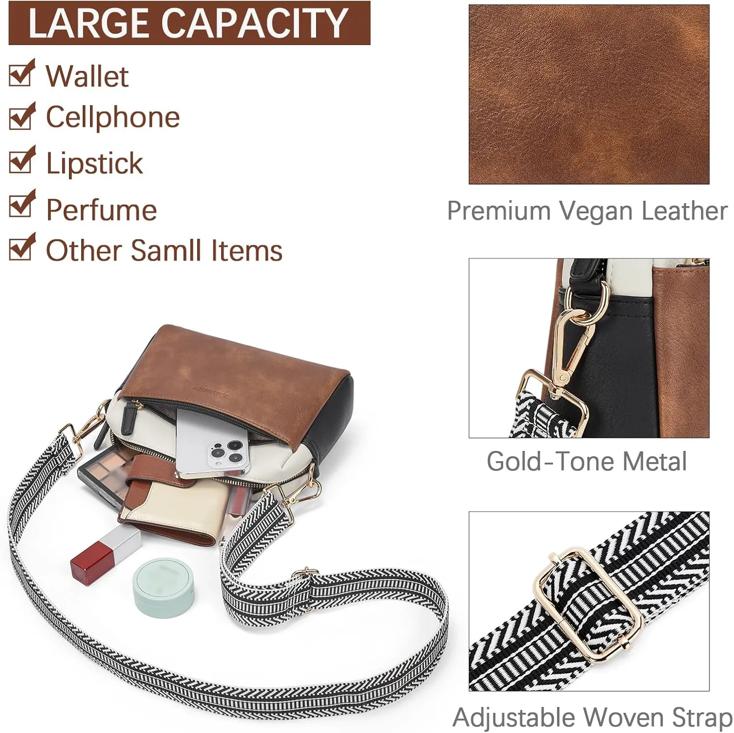 BOSTANTEN Small Crossbody Purse for Women Triple Zip Cell Phone Leather Handbag with Colored Shoulder Strap