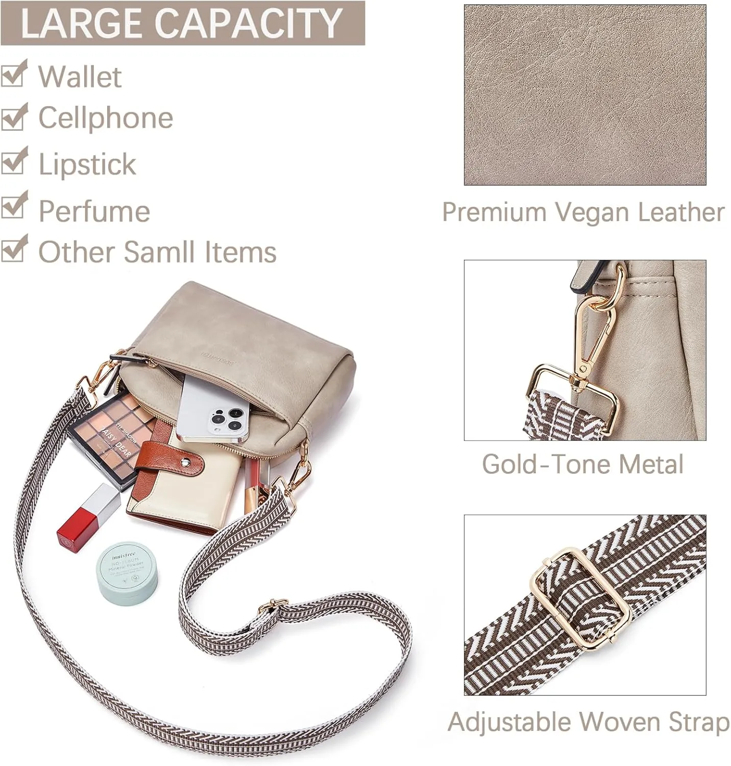 BOSTANTEN Small Crossbody Purse for Women Triple Zip Cell Phone Leather Handbag with Colored Shoulder Strap