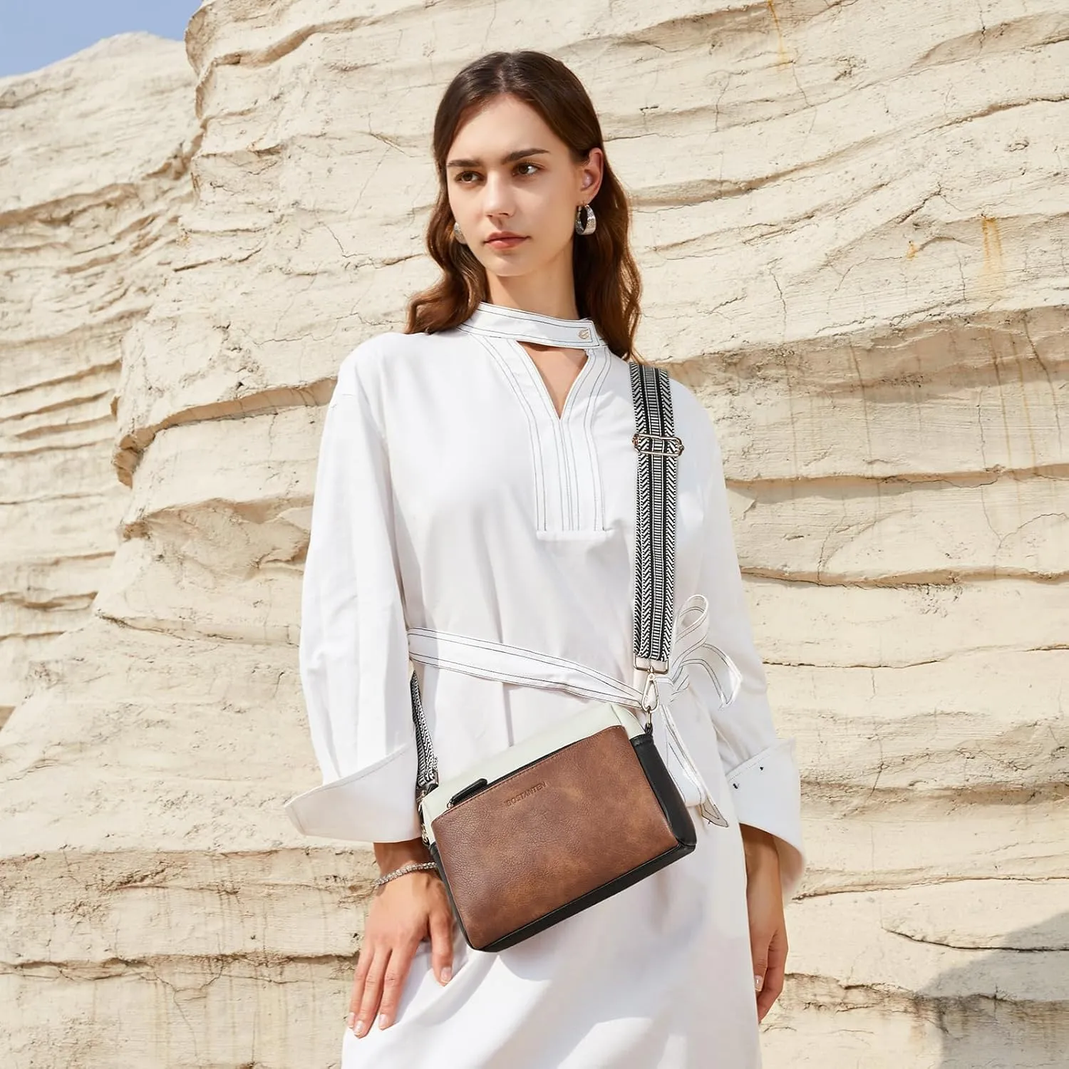 BOSTANTEN Small Crossbody Purse for Women Triple Zip Cell Phone Leather Handbag with Colored Shoulder Strap