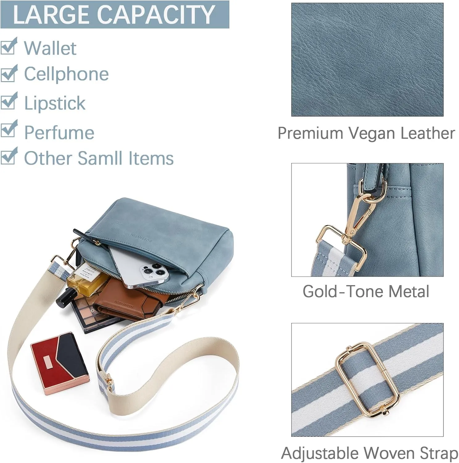 BOSTANTEN Small Crossbody Purse for Women Triple Zip Cell Phone Leather Handbag with Colored Shoulder Strap