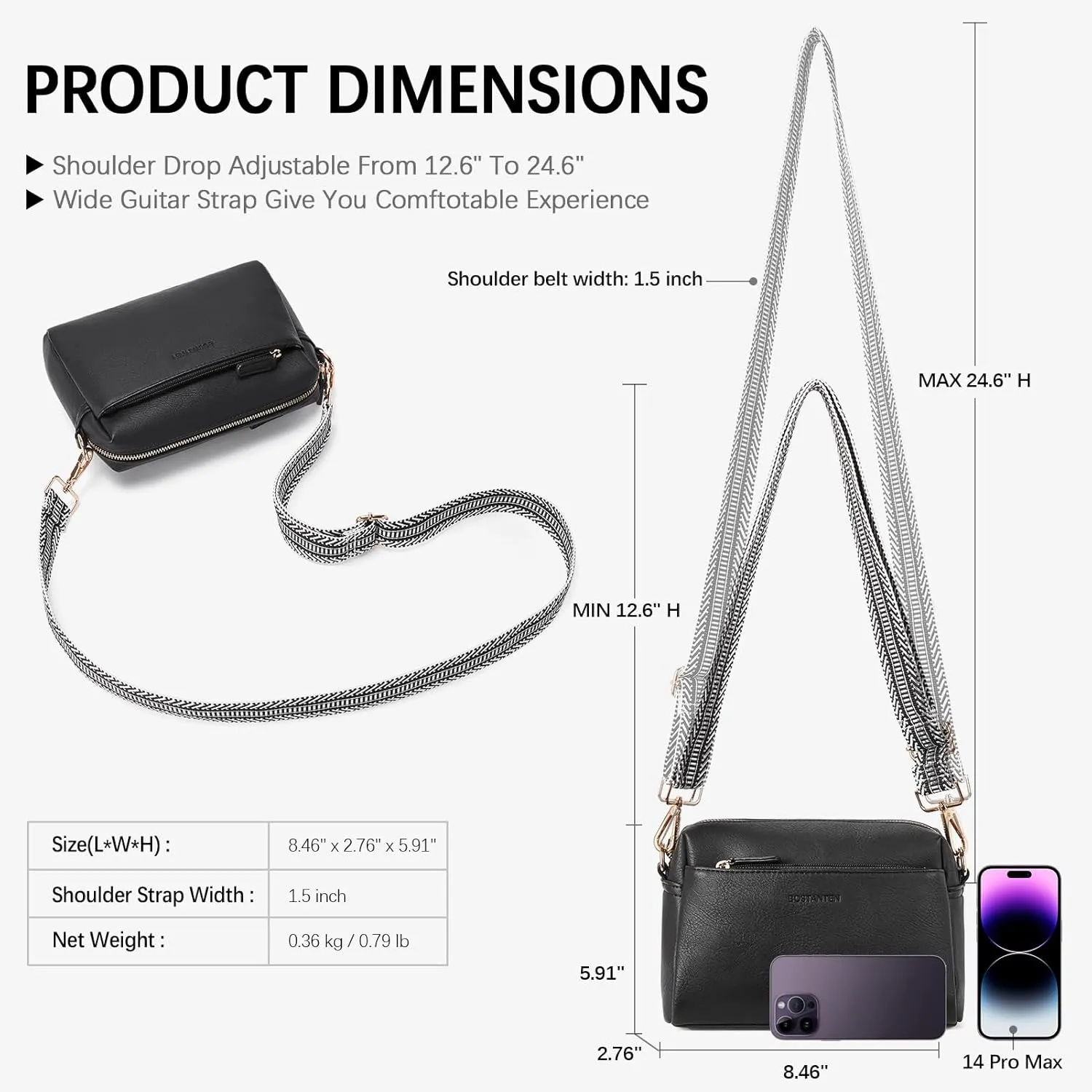BOSTANTEN Small Crossbody Purse for Women Triple Zip Cell Phone Leather Handbag with Colored Shoulder Strap