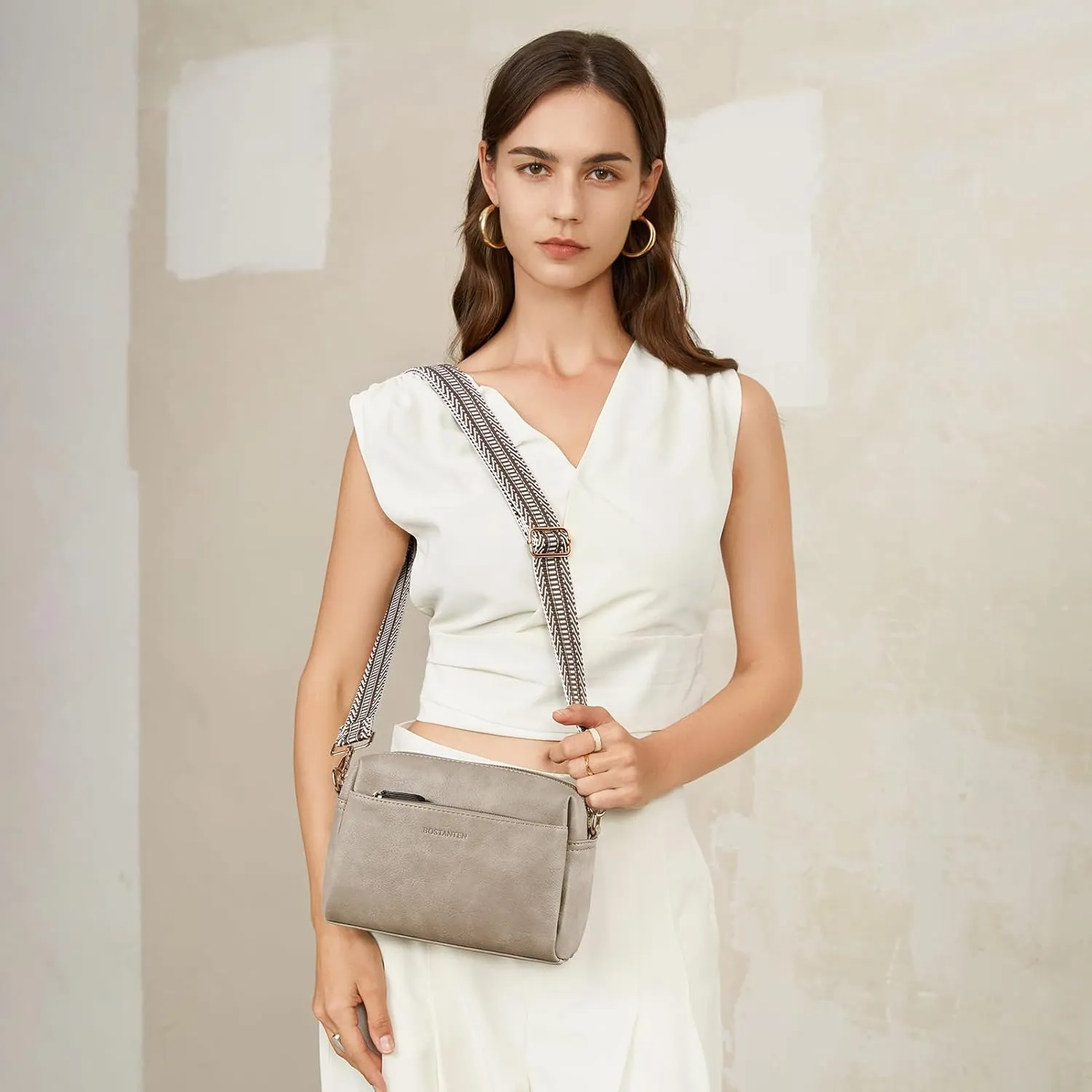 BOSTANTEN Small Crossbody Purse for Women Triple Zip Cell Phone Leather Handbag with Colored Shoulder Strap