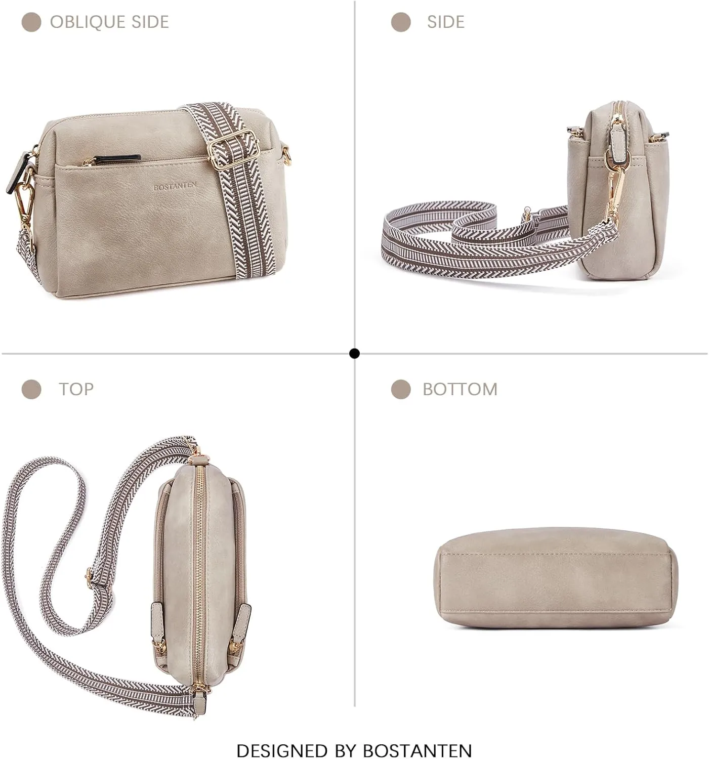 BOSTANTEN Small Crossbody Purse for Women Triple Zip Cell Phone Leather Handbag with Colored Shoulder Strap