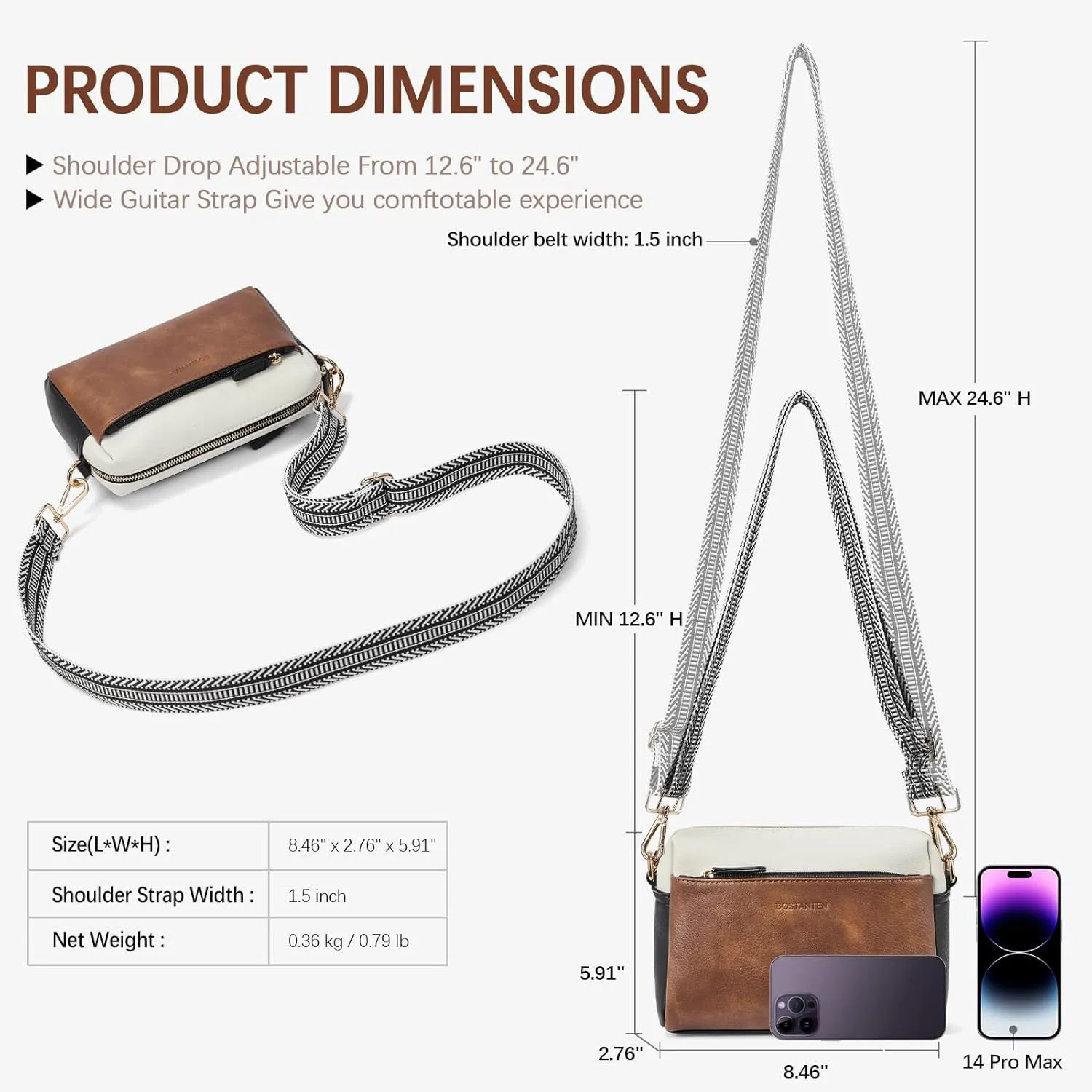 BOSTANTEN Small Crossbody Purse for Women Triple Zip Cell Phone Leather Handbag with Colored Shoulder Strap
