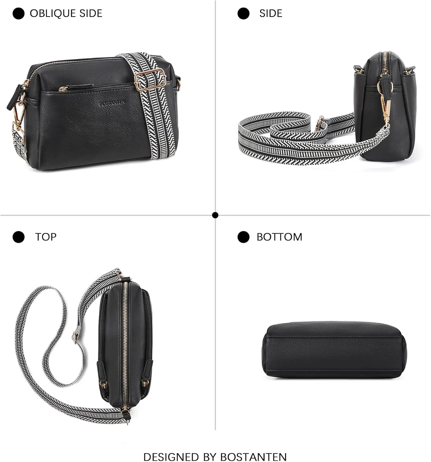 BOSTANTEN Small Crossbody Purse for Women Triple Zip Cell Phone Leather Handbag with Colored Shoulder Strap