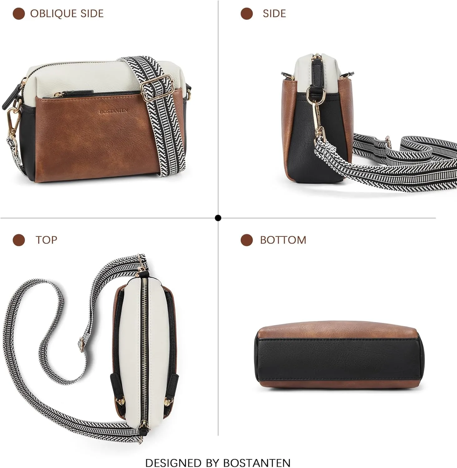 BOSTANTEN Small Crossbody Purse for Women Triple Zip Cell Phone Leather Handbag with Colored Shoulder Strap