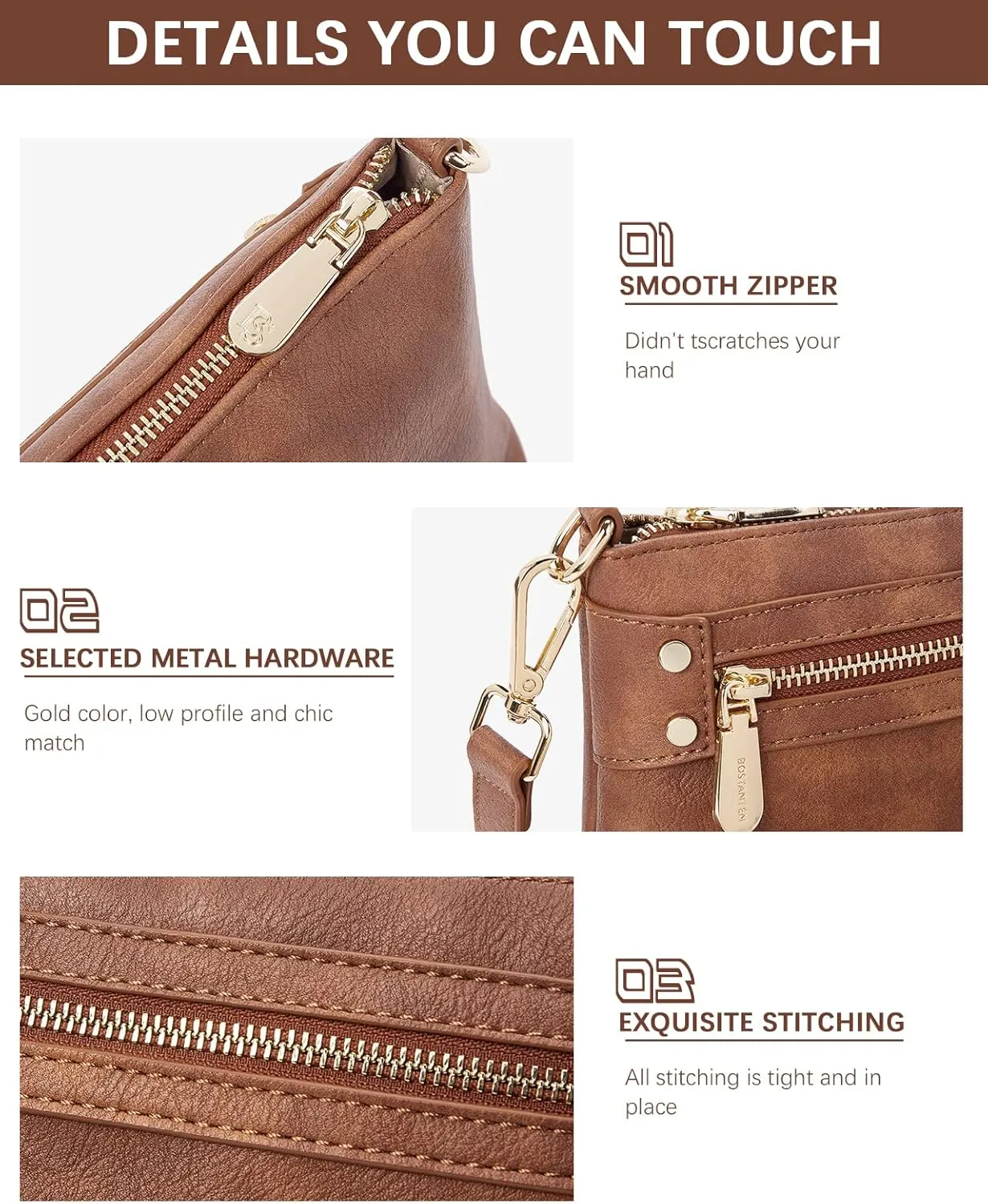 BOSTANTEN Small Crossbody Purse Leather Wristlet Purses for Women with Zipper Pocket Casual Clutch Bags