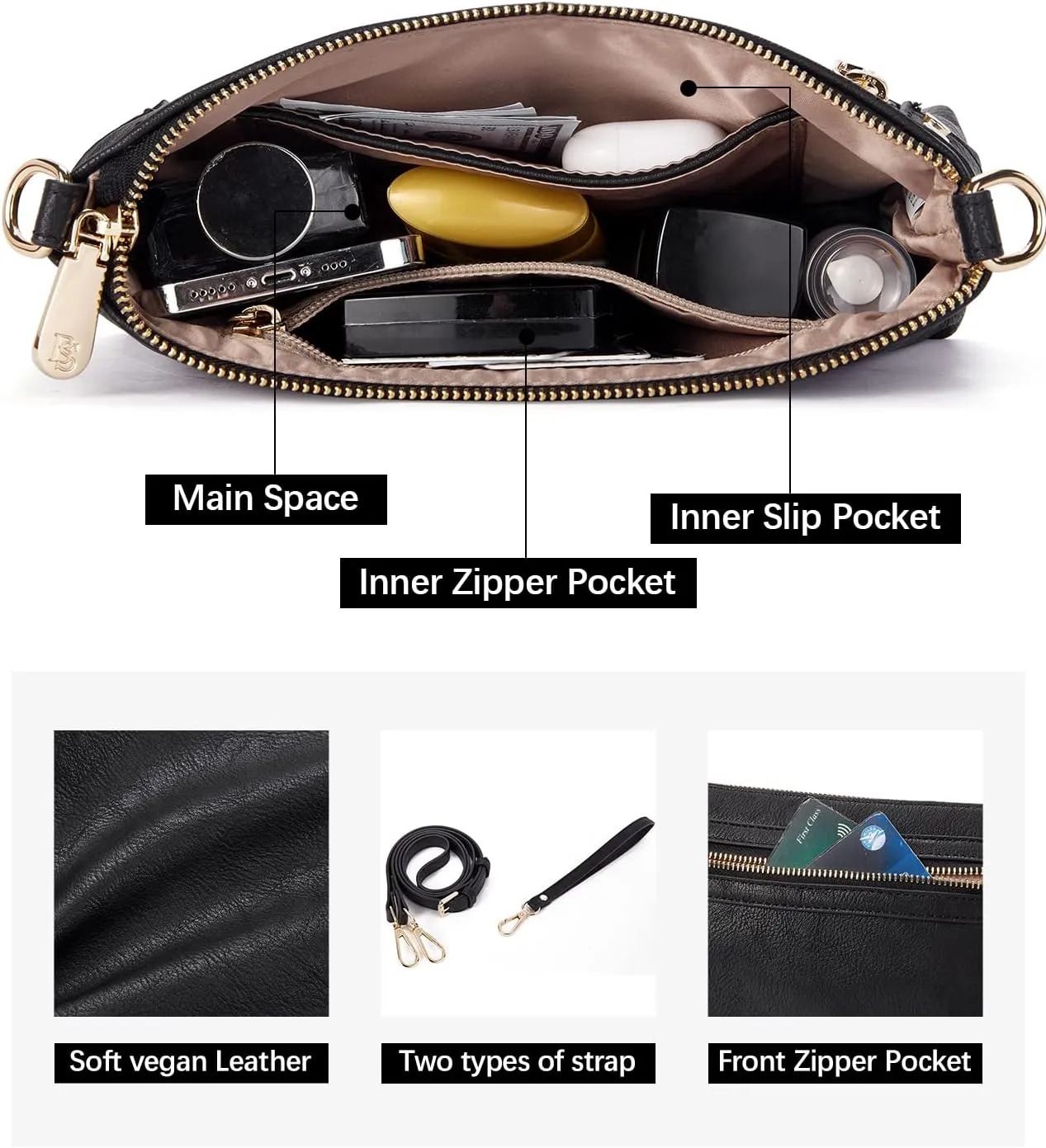 BOSTANTEN Small Crossbody Purse Leather Wristlet Purses for Women with Zipper Pocket Casual Clutch Bags