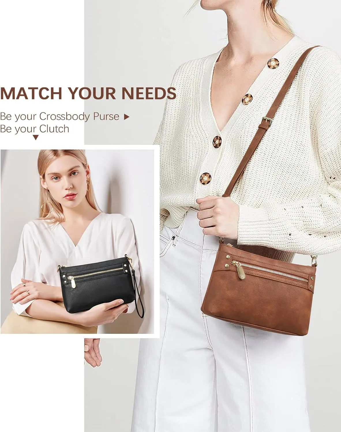 BOSTANTEN Small Crossbody Purse Leather Wristlet Purses for Women with Zipper Pocket Casual Clutch Bags