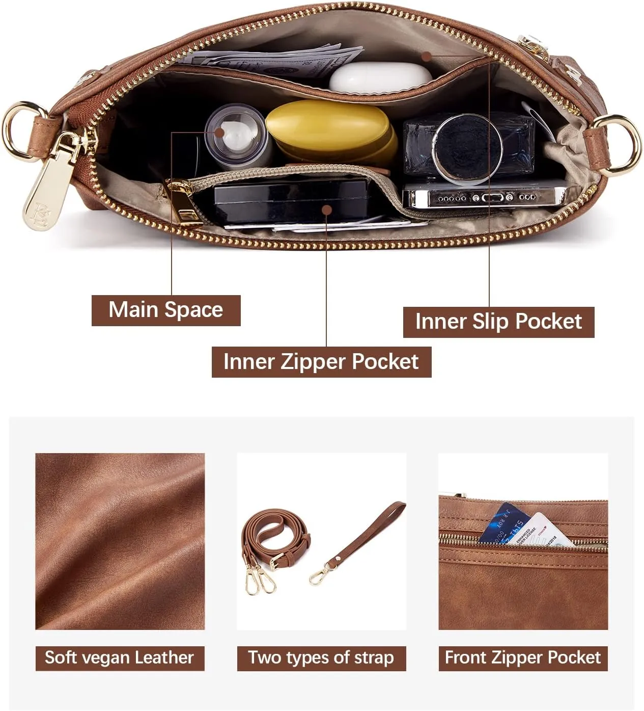 BOSTANTEN Small Crossbody Purse Leather Wristlet Purses for Women with Zipper Pocket Casual Clutch Bags