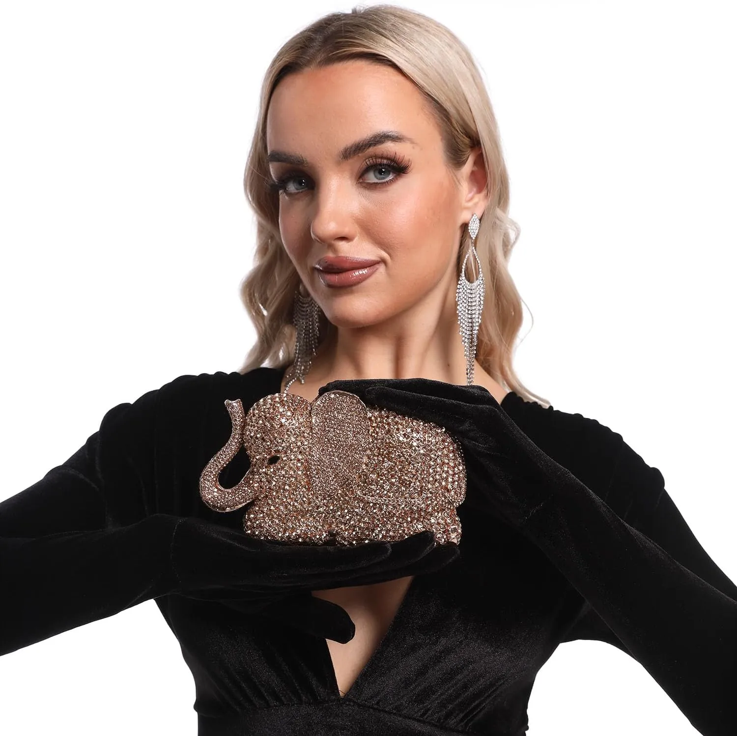 Boutique De FGG Elephant Crystal Clutch Bags Women Animal Rhinestone Evening Handbags Bridal Party Crystal Clutch Purse,Mini