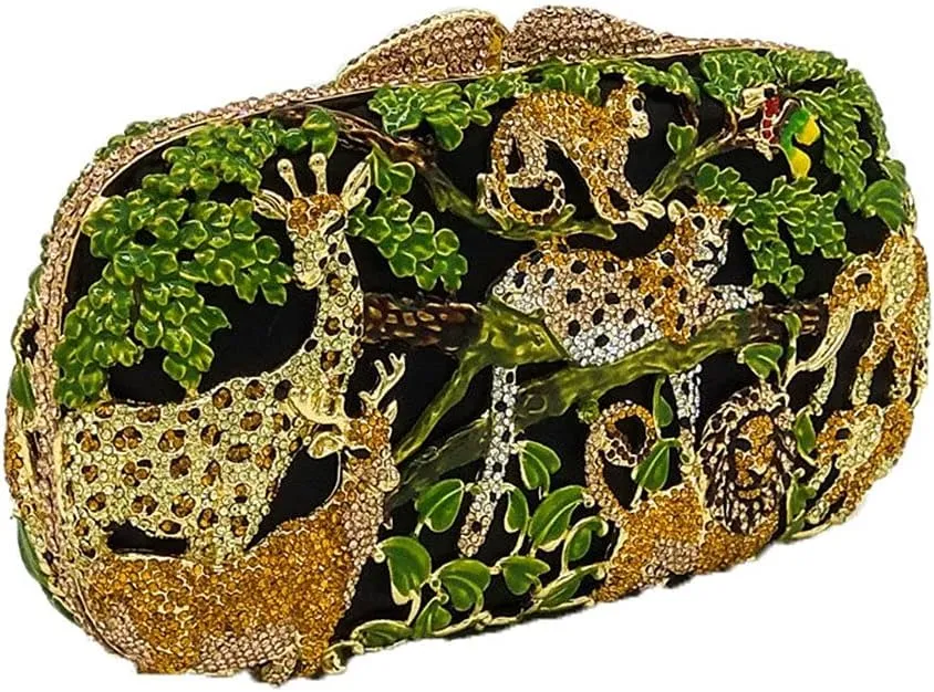 Boutique De FGG Forest Jungle Animal World Crystal Clutch Purse for Women Formal Evening Bags Rhinestone Clutch Handbag,Mini