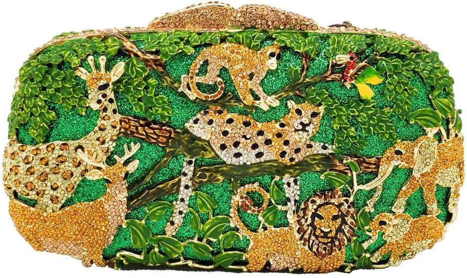 Boutique De FGG Forest Jungle Animal World Crystal Clutch Purse for Women Formal Evening Bags Rhinestone Clutch Handbag,Mini