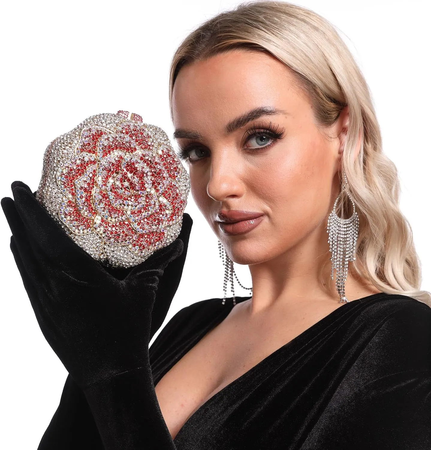 Boutique De FGG Rose Crystal Clutch Purse Women Flower Evening Bag Wedding Party Prom Bridal Rhinestone Floral Handbag,Mini