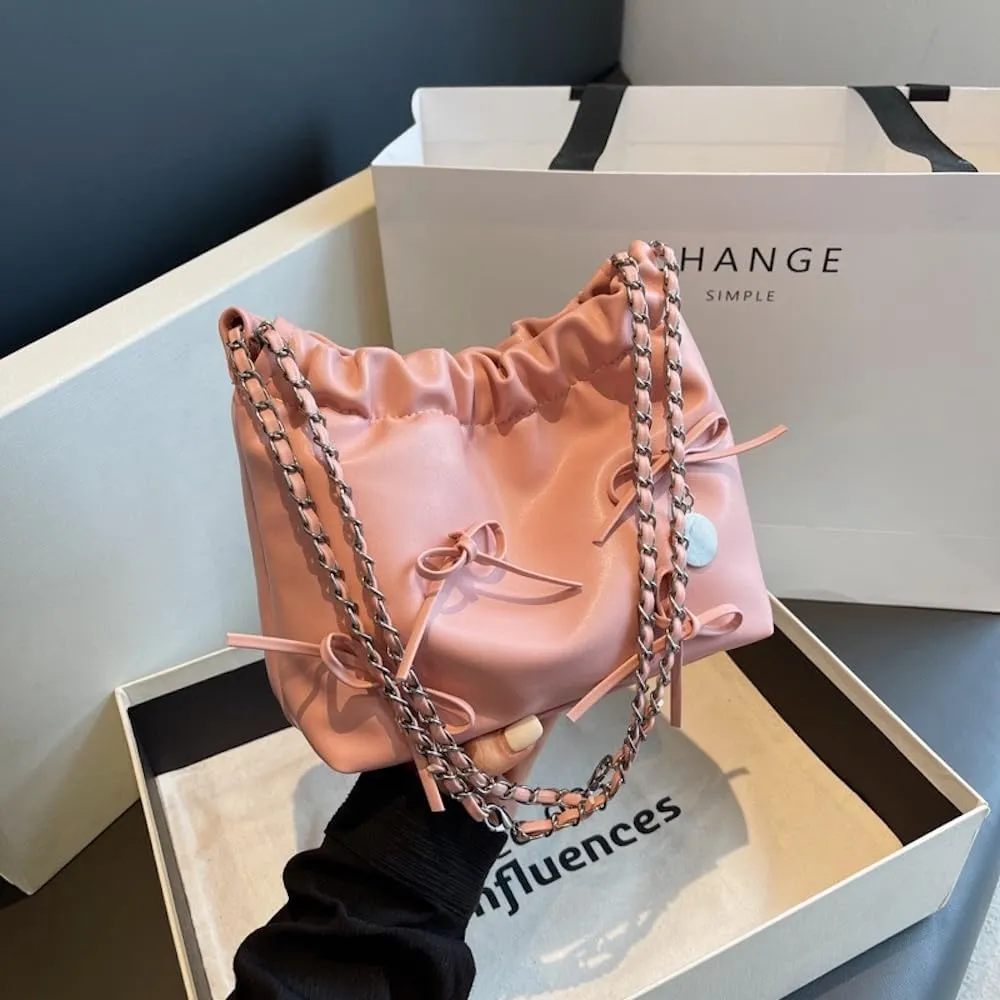 Bow Tie Coquette Bucket Bag Bowknot Balletcore PU Leather Shoulder Purse for Women Adjustable Crossbody Bag