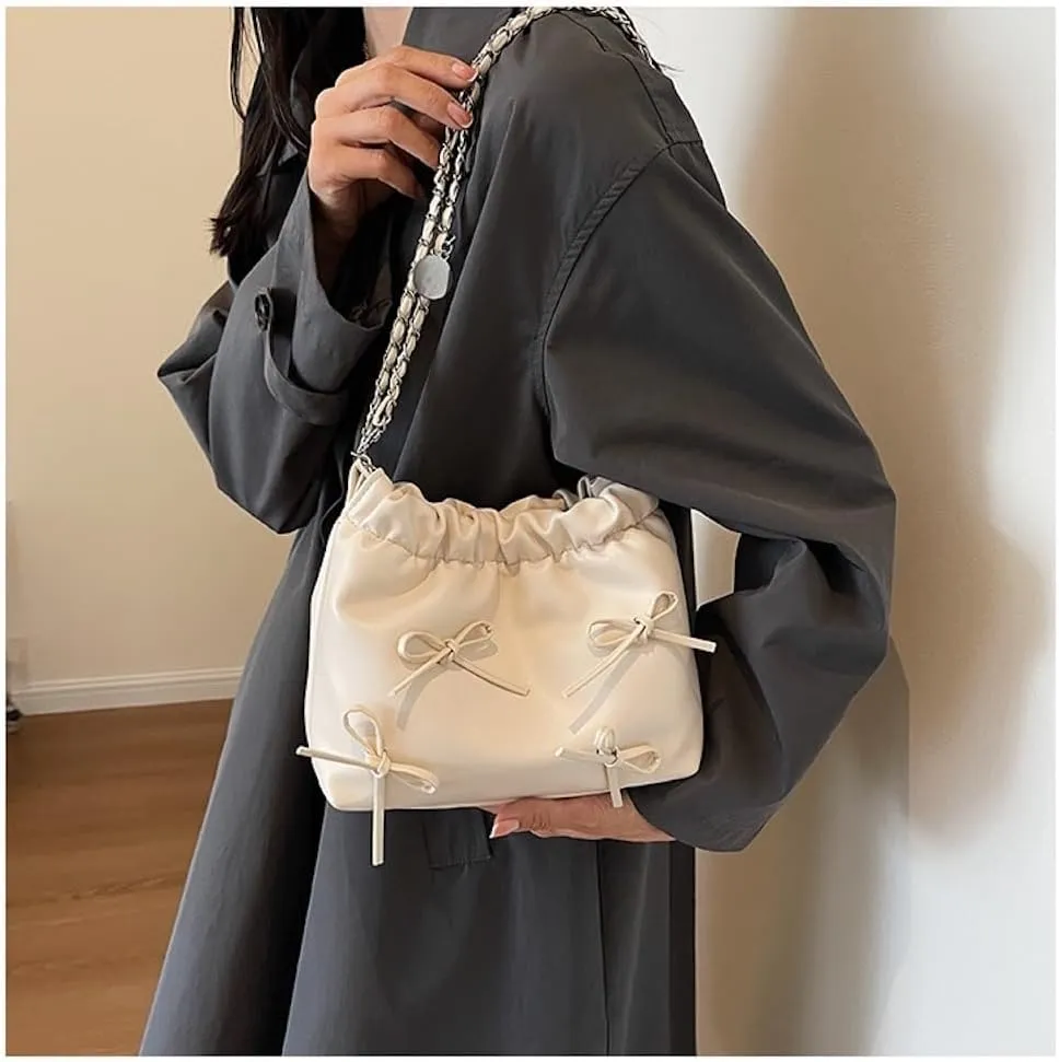 Bow Tie Coquette Bucket Bag Bowknot Balletcore PU Leather Shoulder Purse for Women Adjustable Crossbody Bag