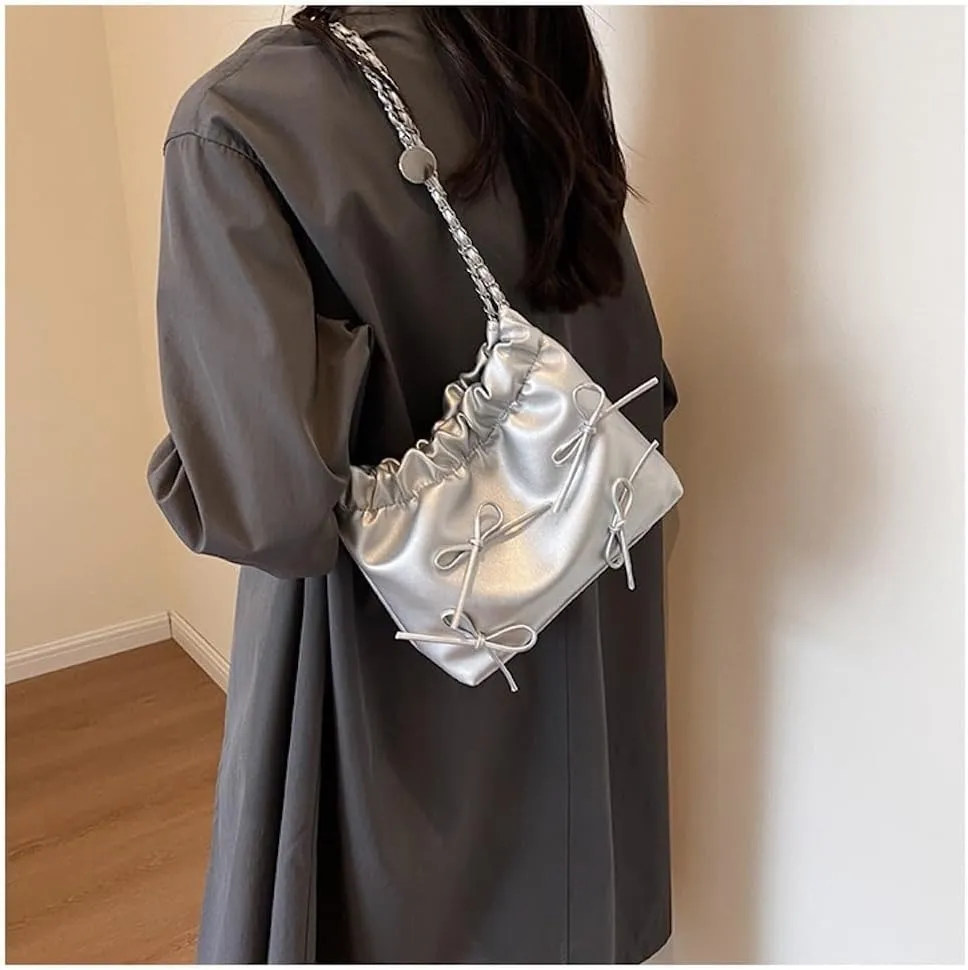 Bow Tie Coquette Bucket Bag Bowknot Balletcore PU Leather Shoulder Purse for Women Adjustable Crossbody Bag