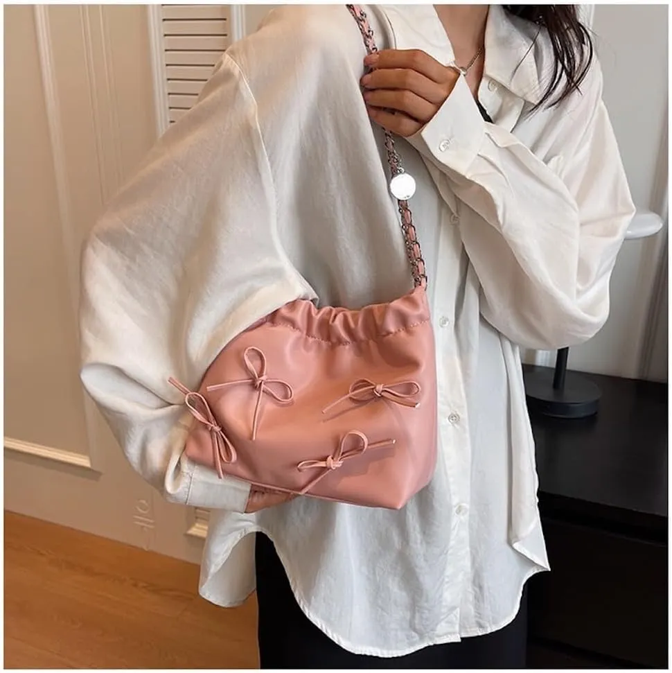 Bow Tie Coquette Bucket Bag Bowknot Balletcore PU Leather Shoulder Purse for Women Adjustable Crossbody Bag