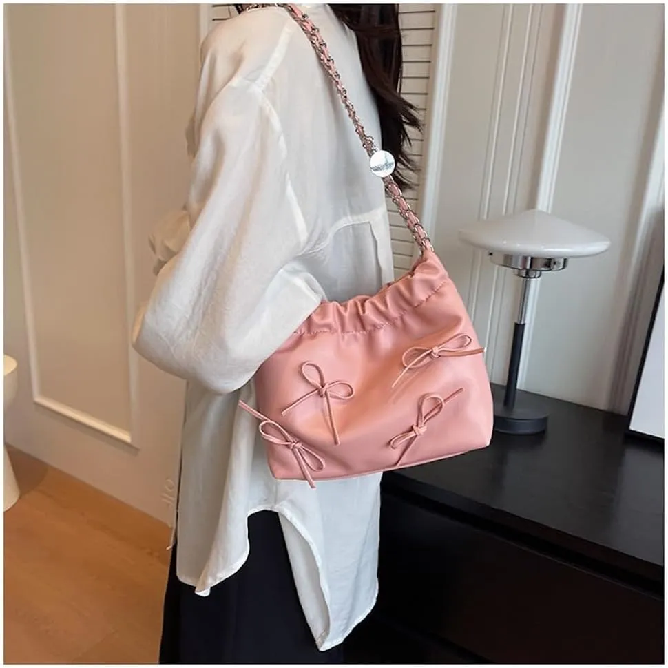 Bow Tie Coquette Bucket Bag Bowknot Balletcore PU Leather Shoulder Purse for Women Adjustable Crossbody Bag