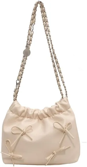 Bow Tie Coquette Bucket Bag Bowknot Balletcore PU Leather Shoulder Purse for Women Adjustable Crossbody Bag