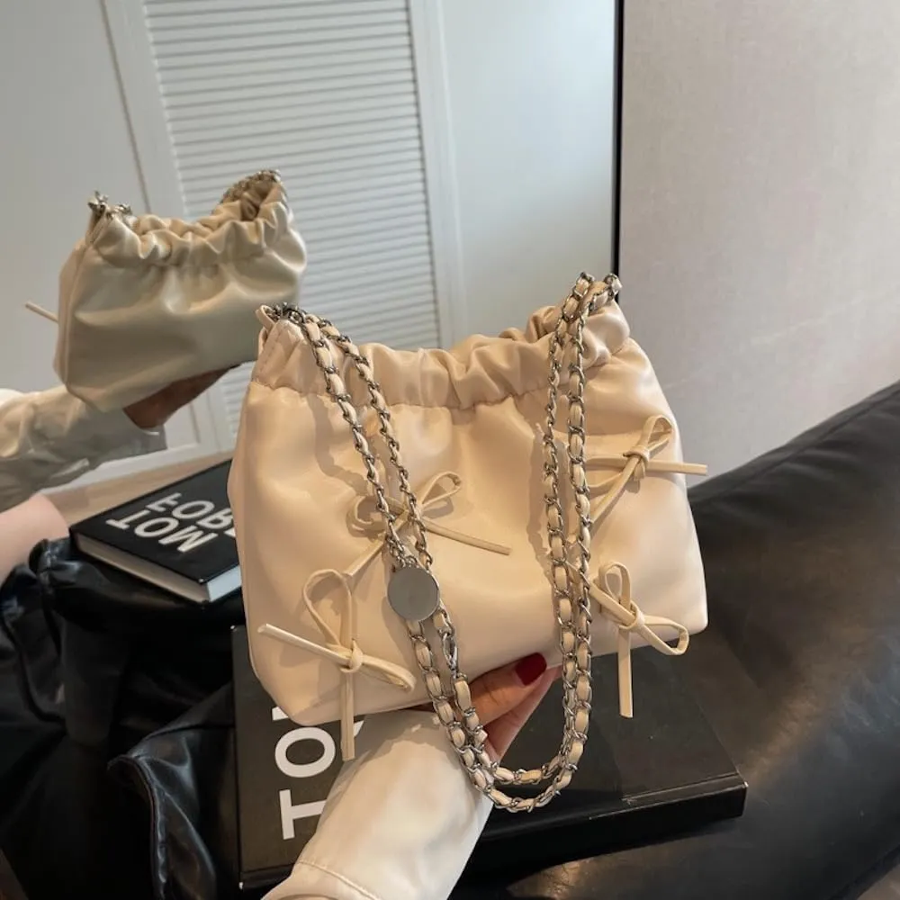 Bow Tie Coquette Bucket Bag Bowknot Balletcore PU Leather Shoulder Purse for Women Adjustable Crossbody Bag