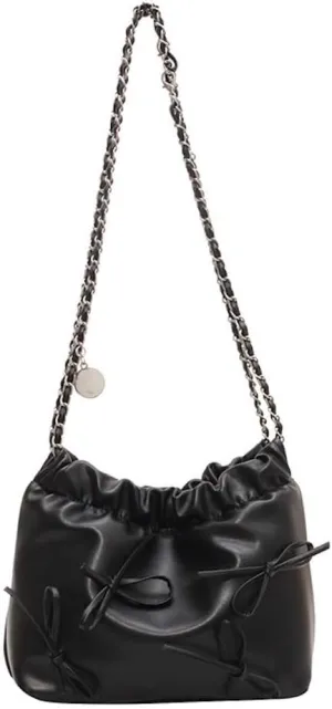 Bow Tie Coquette Bucket Bag Bowknot Balletcore PU Leather Shoulder Purse for Women Adjustable Crossbody Bag