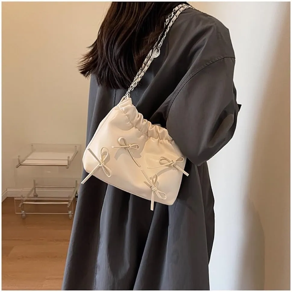 Bow Tie Coquette Bucket Bag Bowknot Balletcore PU Leather Shoulder Purse for Women Adjustable Crossbody Bag