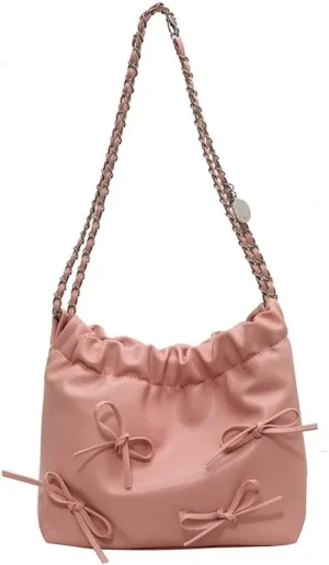 Bow Tie Coquette Bucket Bag Bowknot Balletcore PU Leather Shoulder Purse for Women Adjustable Crossbody Bag