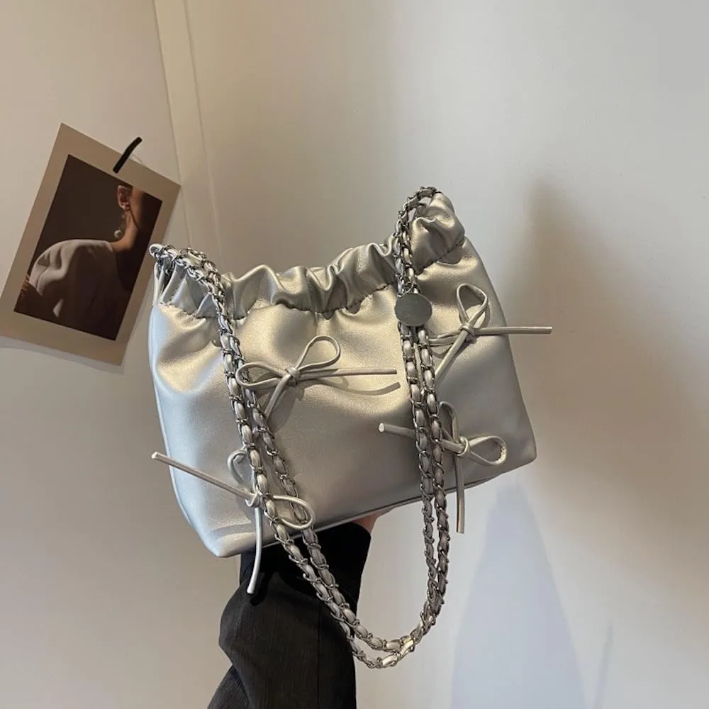 Bow Tie Coquette Bucket Bag Bowknot Balletcore PU Leather Shoulder Purse for Women Adjustable Crossbody Bag