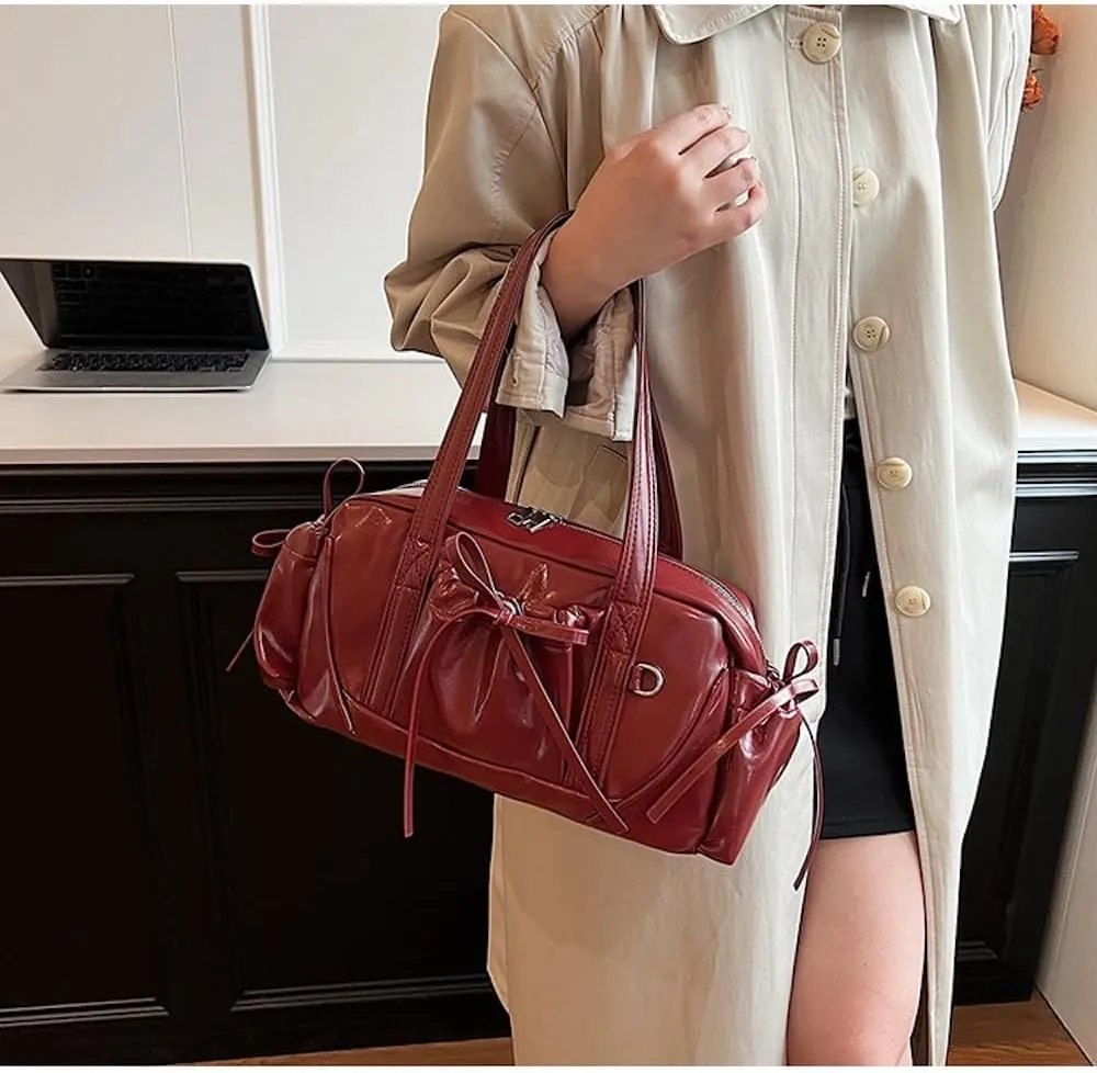 Bow Tie Leather Shoulder Purse for Women Bowknot Y2k Boston Bag with Pockets Handbag Coquette Stuff