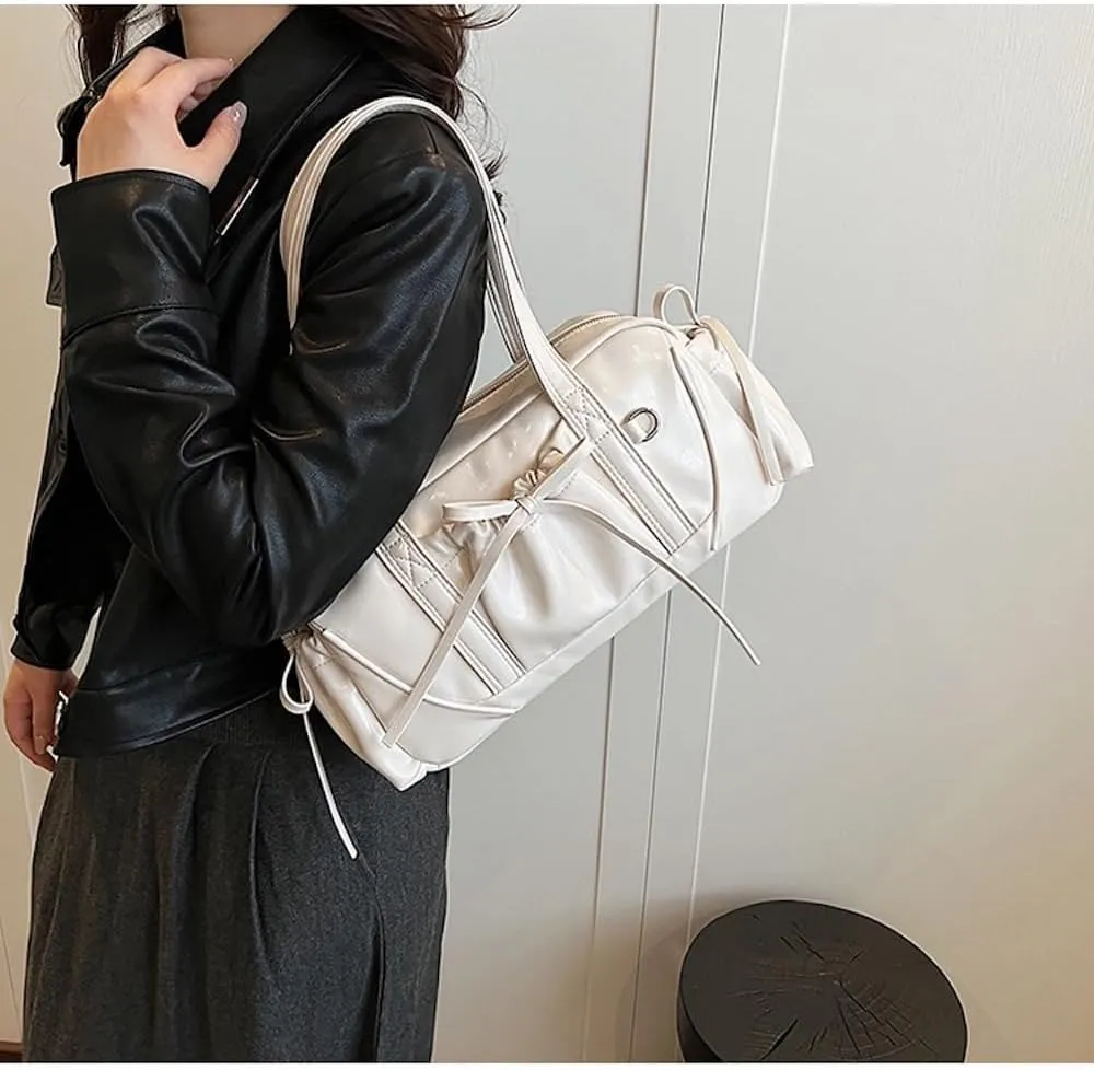 Bow Tie Leather Shoulder Purse for Women Bowknot Y2k Boston Bag with Pockets Handbag Coquette Stuff