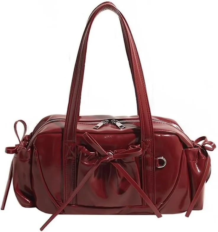 Bow Tie Leather Shoulder Purse for Women Bowknot Y2k Boston Bag with Pockets Handbag Coquette Stuff
