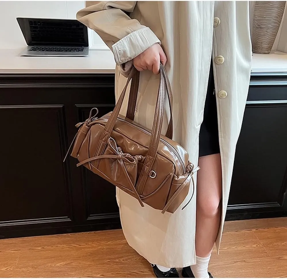 Bow Tie Leather Shoulder Purse for Women Bowknot Y2k Boston Bag with Pockets Handbag Coquette Stuff