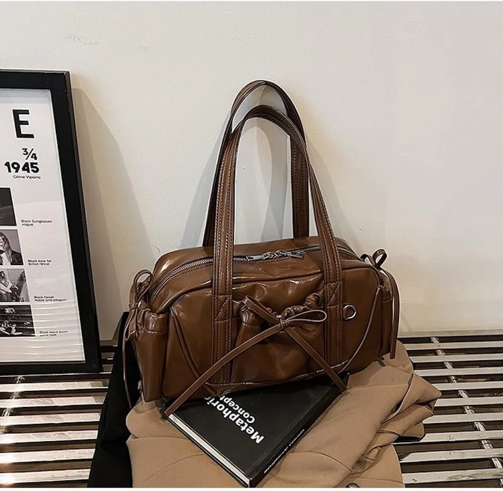 Bow Tie Leather Shoulder Purse for Women Bowknot Y2k Boston Bag with Pockets Handbag Coquette Stuff