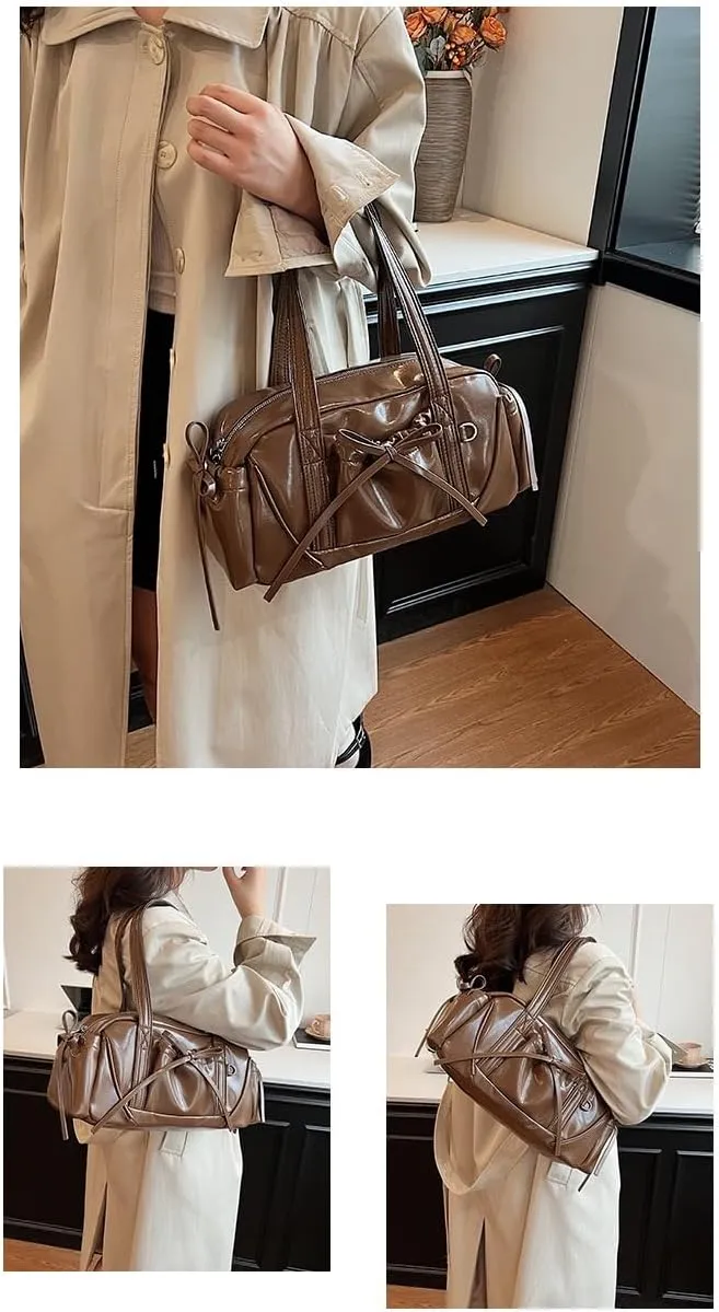 Bow Tie Leather Shoulder Purse for Women Bowknot Y2k Boston Bag with Pockets Handbag Coquette Stuff