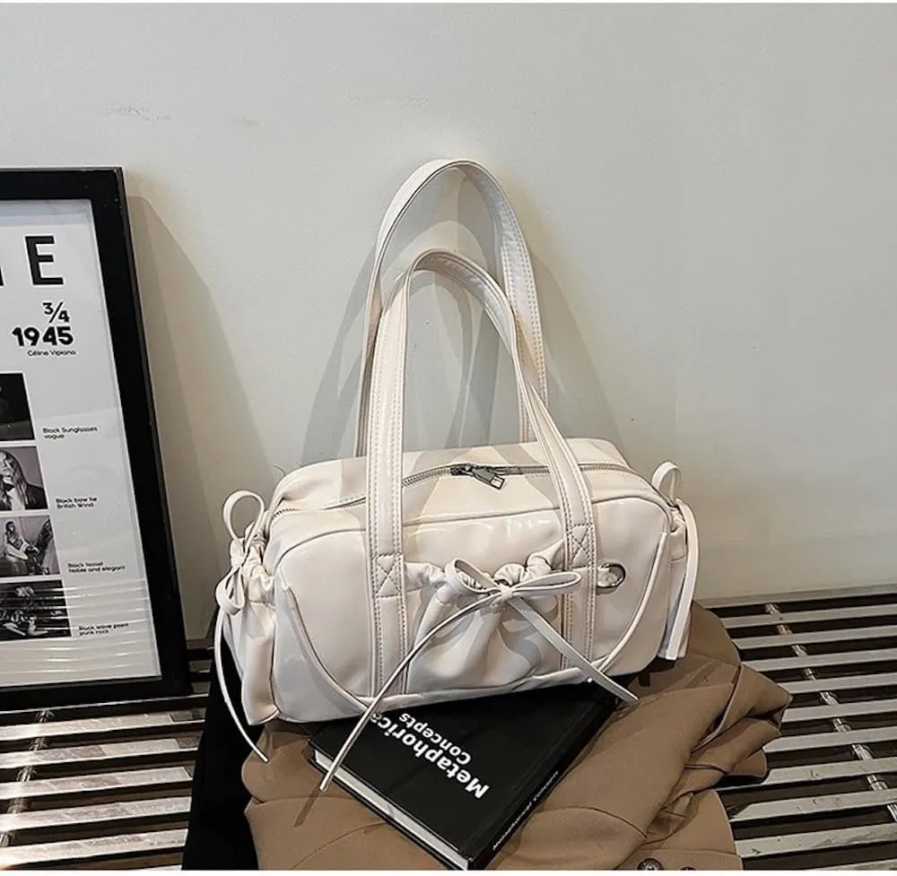 Bow Tie Leather Shoulder Purse for Women Bowknot Y2k Boston Bag with Pockets Handbag Coquette Stuff