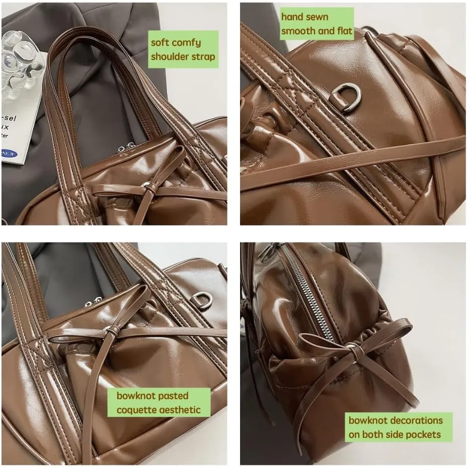Bow Tie Leather Shoulder Purse for Women Bowknot Y2k Boston Bag with Pockets Handbag Coquette Stuff