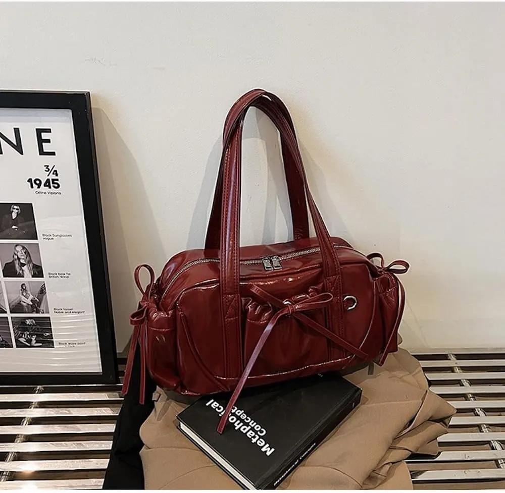 Bow Tie Leather Shoulder Purse for Women Bowknot Y2k Boston Bag with Pockets Handbag Coquette Stuff